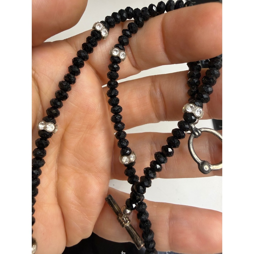 Black Faceted Bead Necklace Silver Tone Toggle Clasp Crystal Rondelles 17in